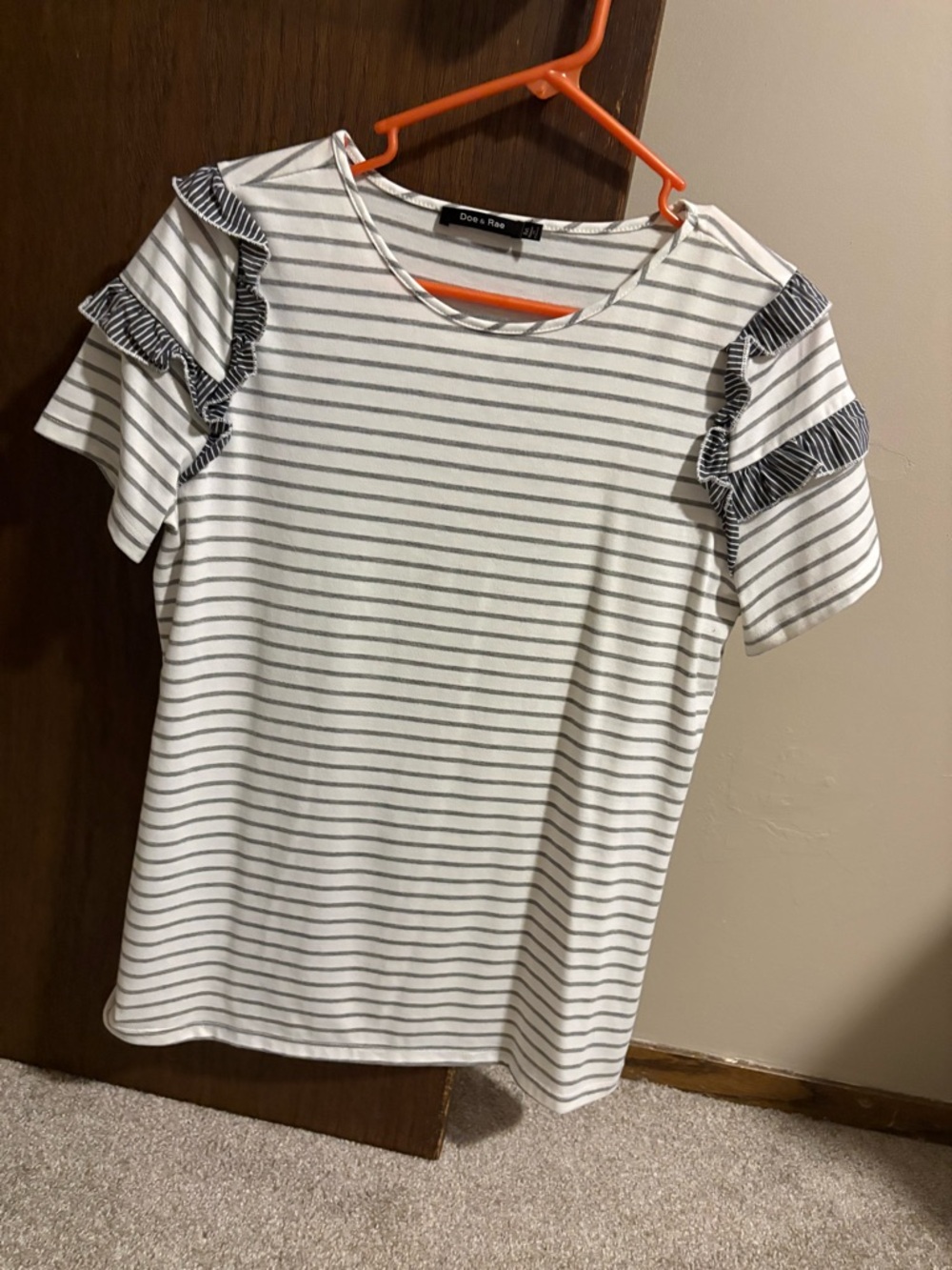Doe & Rae White and Gray Striped Ruffle Sleeve Tee